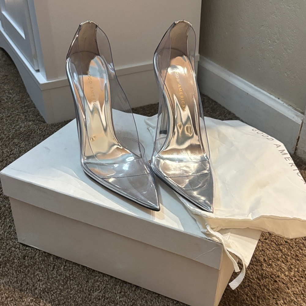 Good American Silver Transparent Heels